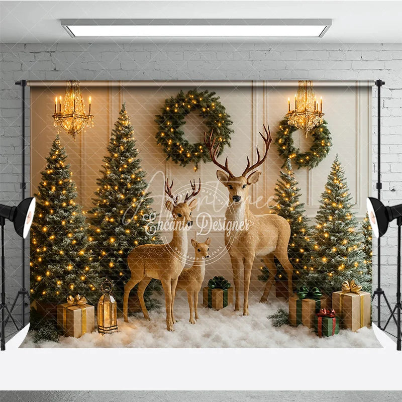 Aperturee - Aperturee Enchanted Christmas Photography Backdrop Reindeer Family in a Snowy Room Elegant Holiday Mini Session Background