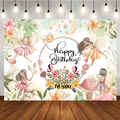 Aperturee - Aperturee Enchanted Fairy Garden Happy Birthday Backdrop with Whimsical Fairies Mushrooms and Pastel Flowers for Girls Party