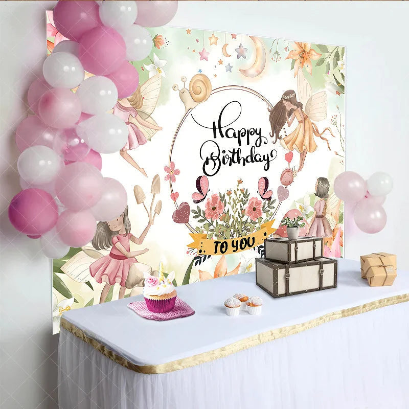 Aperturee - Aperturee Enchanted Fairy Garden Happy Birthday Backdrop with Whimsical Fairies Mushrooms and Pastel Flowers for Girls Party