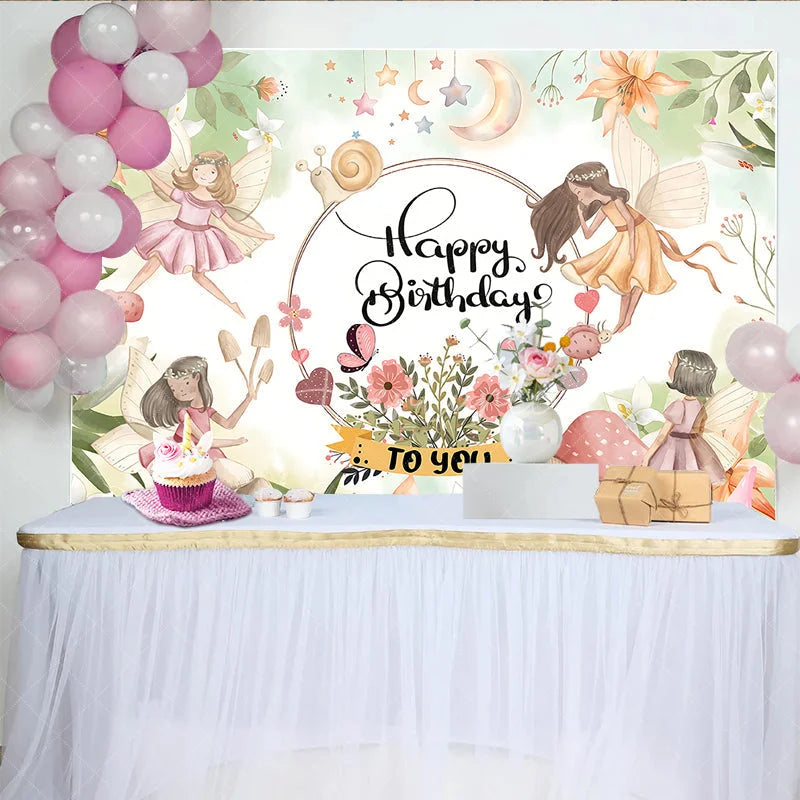 Aperturee - Aperturee Enchanted Fairy Garden Happy Birthday Backdrop with Whimsical Fairies Mushrooms and Pastel Flowers for Girls Party