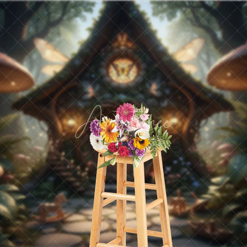 Aperturee - Aperturee Enchanted Fairy House Photography Backdrop with Magical Forest Glowing Mushrooms and Whimsical Butterfly Wings