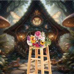 Aperturee - Aperturee Enchanted Fairy House Photography Backdrop with Magical Forest Glowing Mushrooms and Whimsical Butterfly Wings
