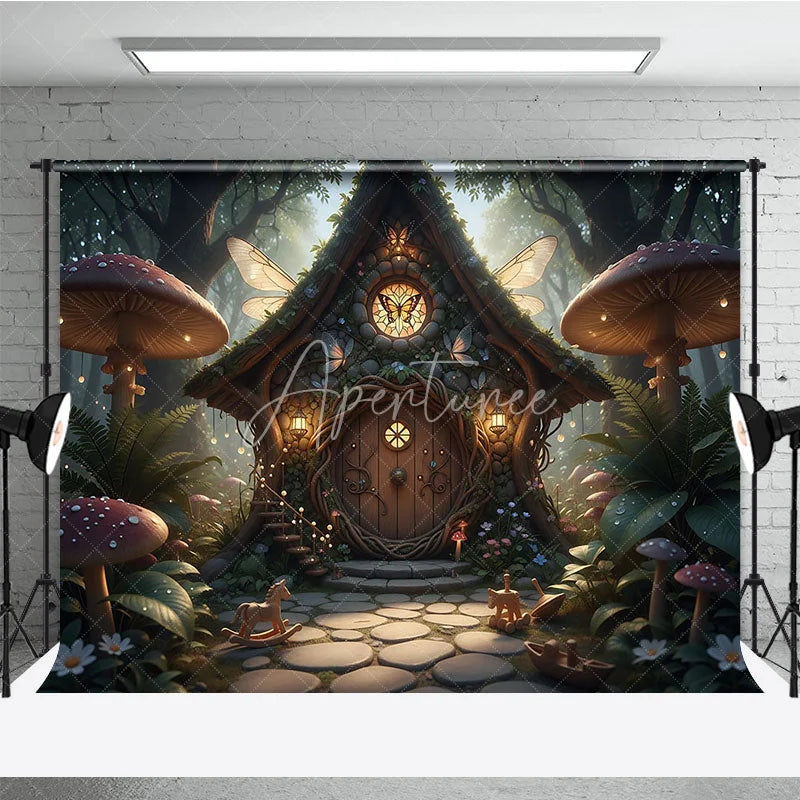 Aperturee - Aperturee Enchanted Fairy House Photography Backdrop with Magical Forest Glowing Mushrooms and Whimsical Butterfly Wings