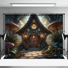 Aperturee - Aperturee Enchanted Fairy House Photography Backdrop with Magical Forest Glowing Mushrooms and Whimsical Butterfly Wings