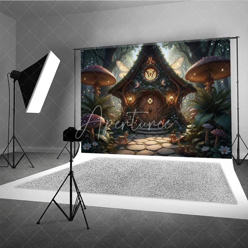 Aperturee - Aperturee Enchanted Fairy House Photography Backdrop with Magical Forest Glowing Mushrooms and Whimsical Butterfly Wings