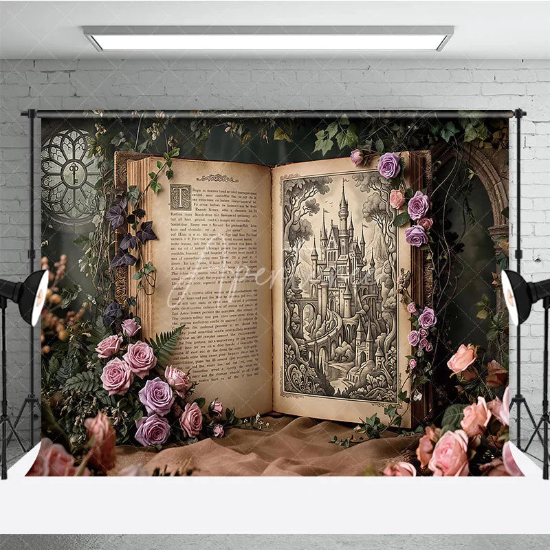 Aperturee - Aperturee Enchanted Fairytale Castle Illustration Open Book Photography Backdrop Vintage Rose and Ivy Garden Scene.