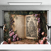 Aperturee - Aperturee Enchanted Fairytale Castle Illustration Open Book Photography Backdrop Vintage Rose and Ivy Garden Scene.