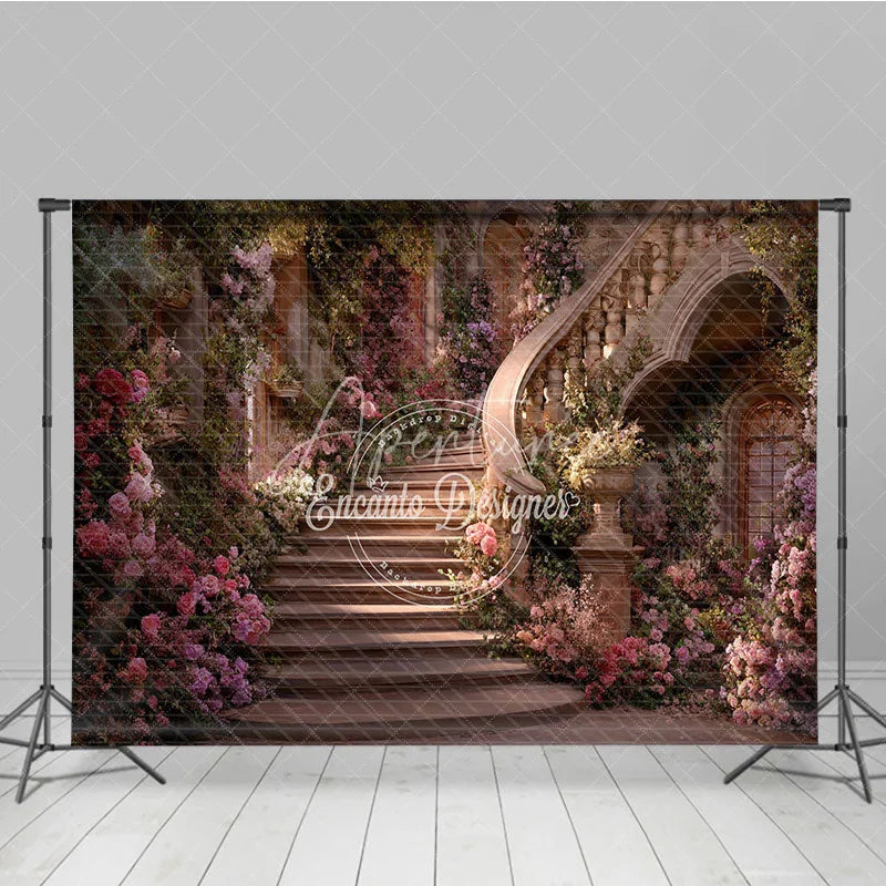 Aperturee - Aperturee Enchanted Fairytale Staircase Photography Backdrop with Blooming Pink and Purple Flowers Romantic Garden Archways