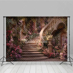 Aperturee - Aperturee Enchanted Fairytale Staircase Photography Backdrop with Blooming Pink and Purple Flowers Romantic Garden Archways