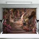 Aperturee - Aperturee Enchanted Fairytale Staircase Photography Backdrop with Blooming Pink and Purple Flowers Romantic Garden Archways