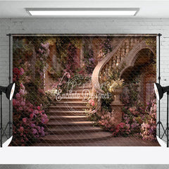 Aperturee - Aperturee Enchanted Fairytale Staircase Photography Backdrop with Blooming Pink and Purple Flowers Romantic Garden Archways