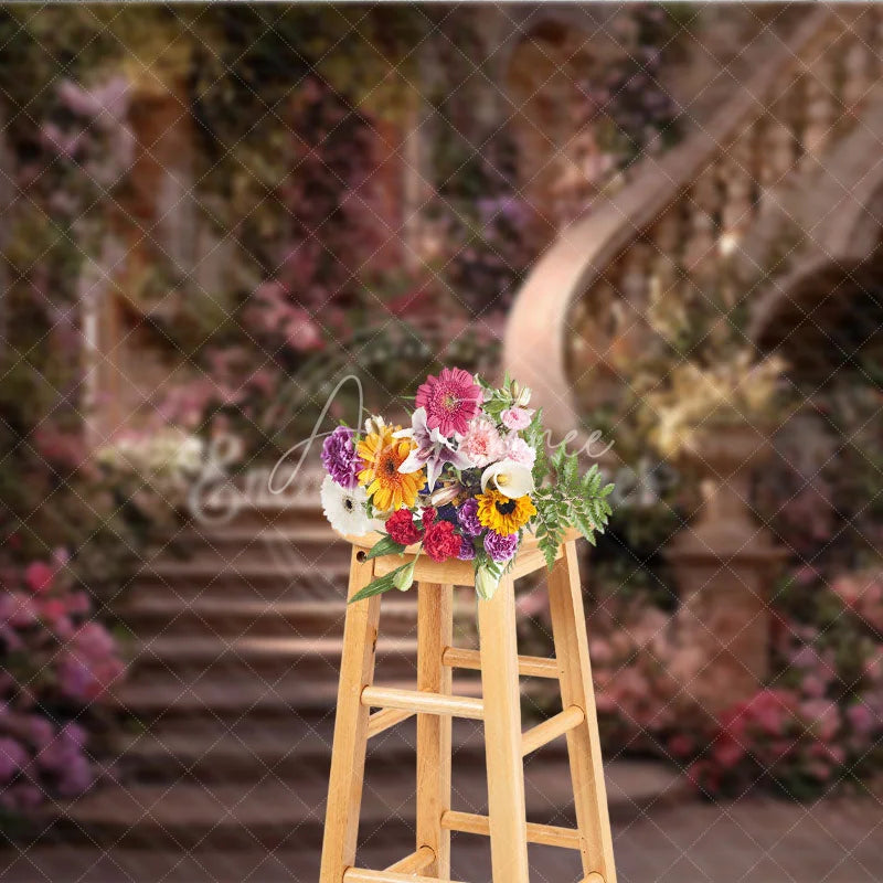 Aperturee - Aperturee Enchanted Fairytale Staircase Photography Backdrop with Blooming Pink and Purple Flowers Romantic Garden Archways