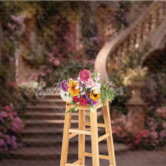 Aperturee - Aperturee Enchanted Fairytale Staircase Photography Backdrop with Blooming Pink and Purple Flowers Romantic Garden Archways