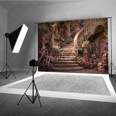 Aperturee - Aperturee Enchanted Fairytale Staircase Photography Backdrop with Blooming Pink and Purple Flowers Romantic Garden Archways