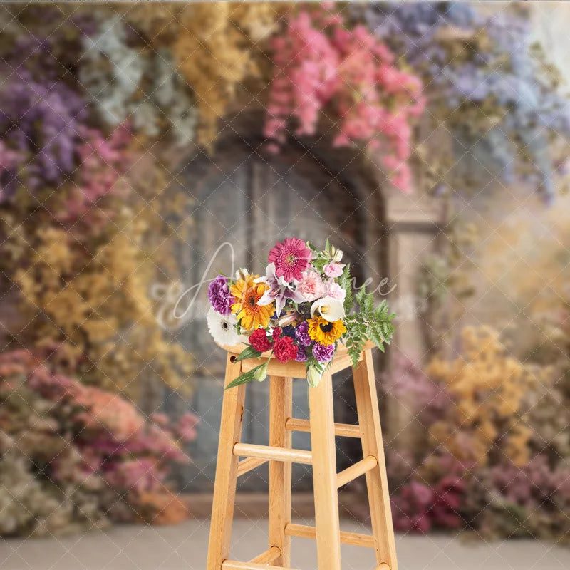 Aperturee - Aperturee Enchanted Floral Door Photography Backdrop Blue Wooden Door with Colorful Flowers Fairytale Garden Background