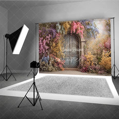 Aperturee - Aperturee Enchanted Floral Door Photography Backdrop Blue Wooden Door with Colorful Flowers Fairytale Garden Background