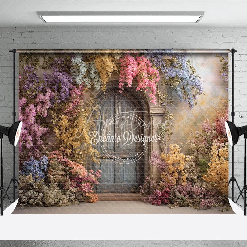 Aperturee - Aperturee Enchanted Floral Door Photography Backdrop Blue Wooden Door with Colorful Flowers Fairytale Garden Background