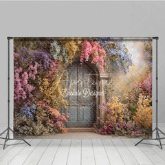 Aperturee - Aperturee Enchanted Floral Door Photography Backdrop Blue Wooden Door with Colorful Flowers Fairytale Garden Background