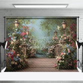 Aperturee - Aperturee Enchanted Floral Garden Path Photography Backdrop Wooden Bridge and Elegant Street Lamps for Photoshoot