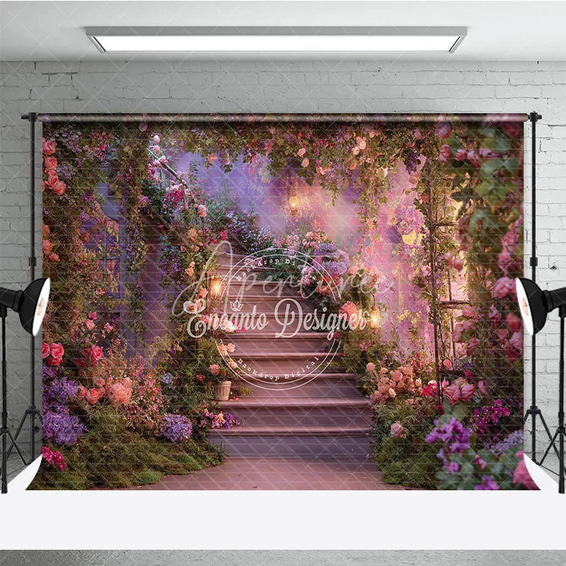 Aperturee - Aperturee Enchanted Floral Garden Photography Backdrop Romantic Staircase with Pink and Purple Flowers