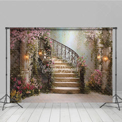 Aperturee - Aperturee Enchanted Floral Garden Spiral Staircase Photography Backdrop Romantic Fairytale Wedding Party Decor