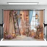 Aperturee - Aperturee Enchanted Floral Ladder and Lantern Window Photography Backdrop Pastel Pink Blue Sheer Curtain Scene for Weddings