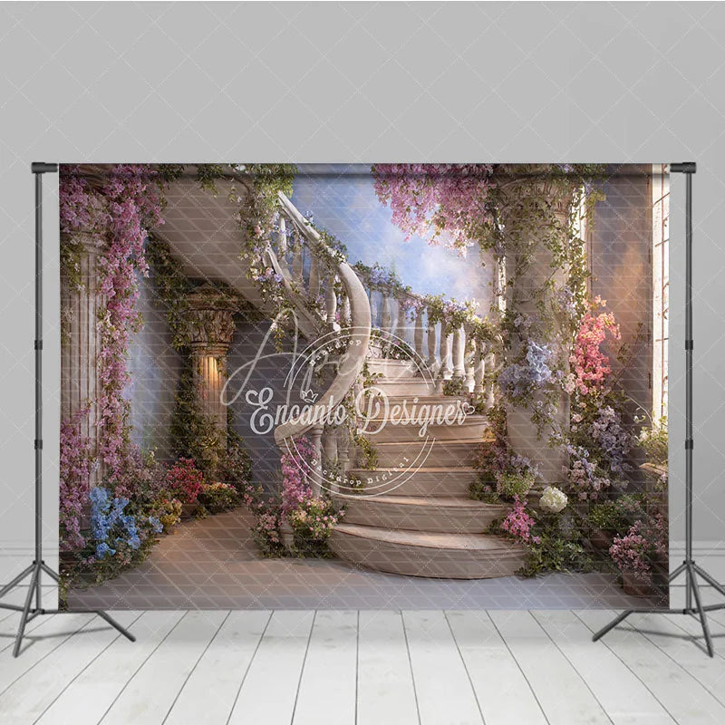 Aperturee - Aperturee Enchanted Floral Spiral Staircase Photography Backdrop Lush Garden Fairytale Theme Elegant Portrait Decor