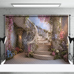 Aperturee - Aperturee Enchanted Floral Spiral Staircase Photography Backdrop Lush Garden Fairytale Theme Elegant Portrait Decor