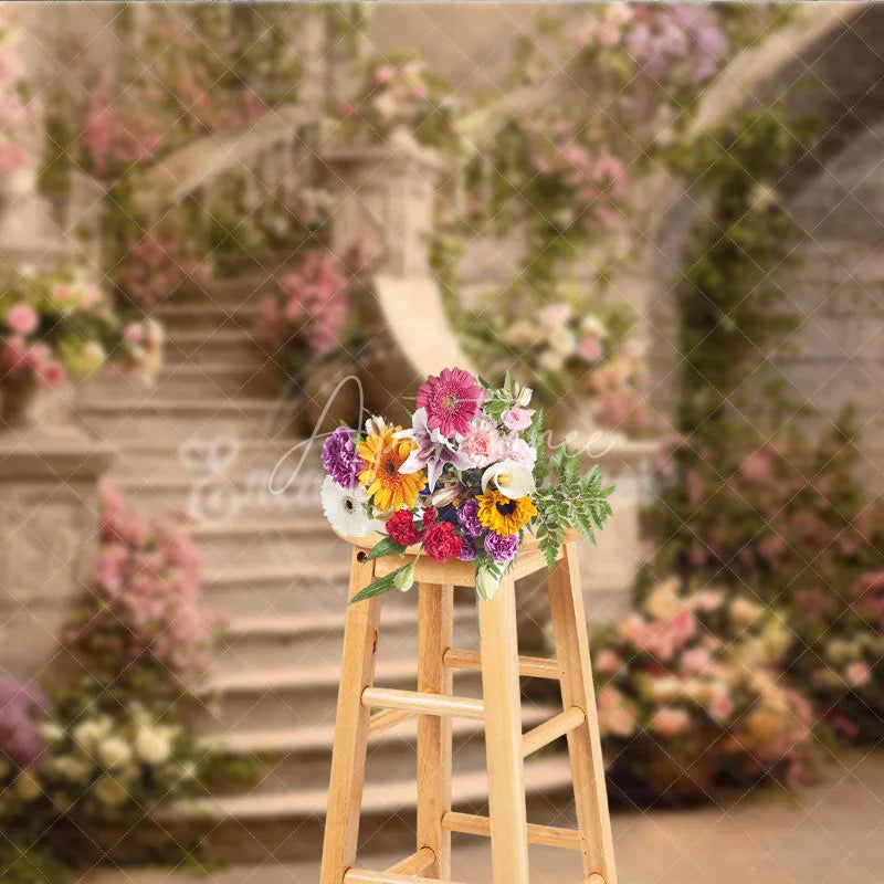 Aperturee - Aperturee Enchanted Floral Staircase Photography Backdrop Romantic Garden Party Decor