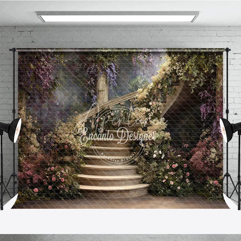 Aperturee - Aperturee Enchanted Floral Staircase Photography Backdrop Romantic Garden Wedding or Portrait Studio
