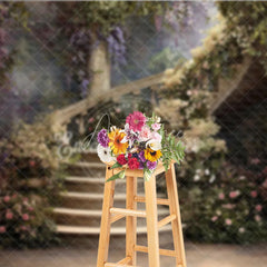 Aperturee - Aperturee Enchanted Floral Staircase Photography Backdrop Romantic Garden Wedding or Portrait Studio