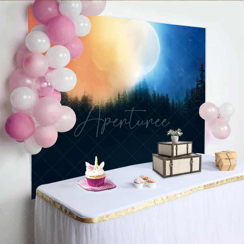 Aperturee - Aperturee Enchanted Forest at Night Photography Backdrop Magical Full Moon and Pine Trees Mysterious Moody Scenery Prop
