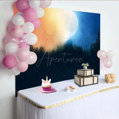 Aperturee - Aperturee Enchanted Forest at Night Photography Backdrop Magical Full Moon and Pine Trees Mysterious Moody Scenery Prop