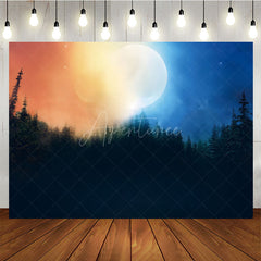Aperturee - Aperturee Enchanted Forest at Night Photography Backdrop Magical Full Moon and Pine Trees Mysterious Moody Scenery Prop