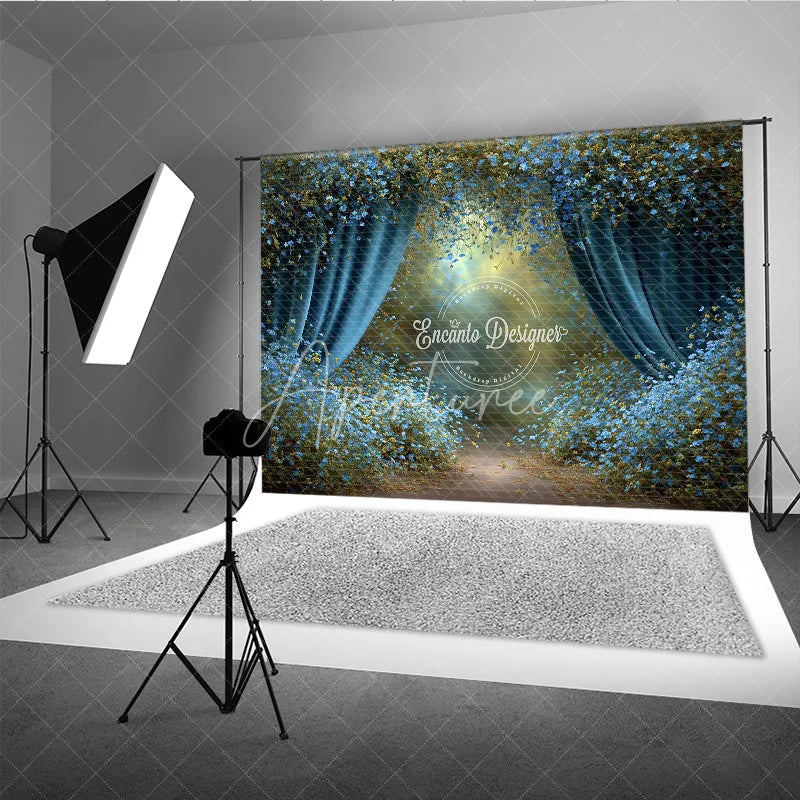 Aperturee - Aperturee Enchanted Forest Backdrop Magical Blue Curtains Background Fairy Tale Garden with Blue Flowers Photo Prop