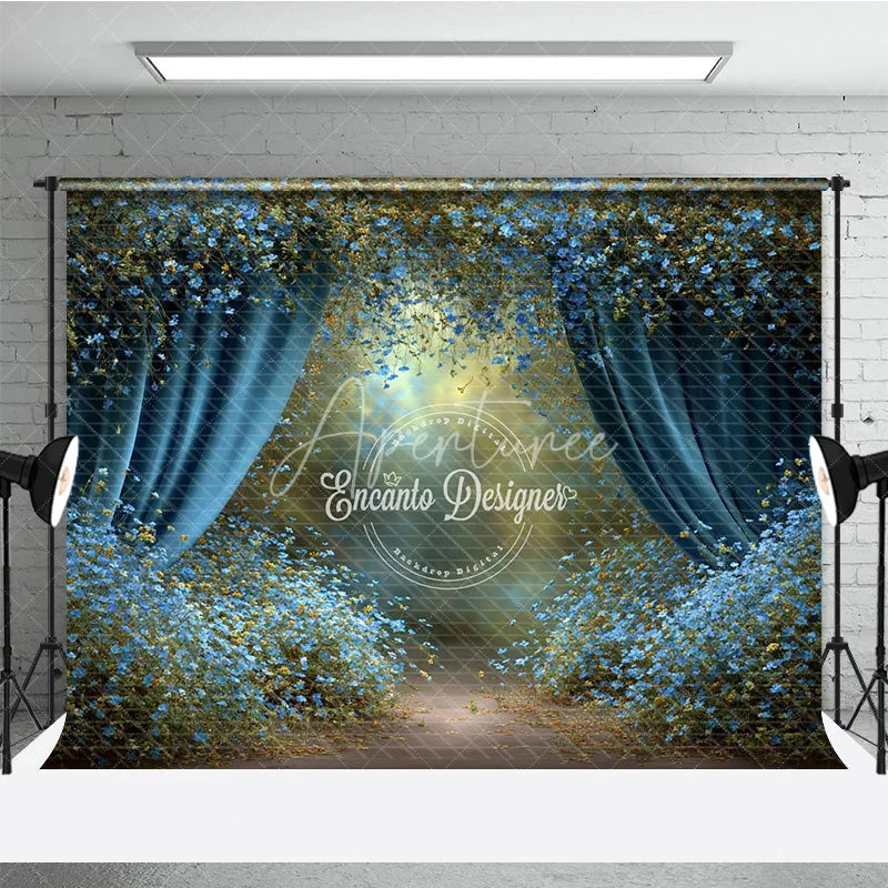 Aperturee - Aperturee Enchanted Forest Backdrop Magical Blue Curtains Background Fairy Tale Garden with Blue Flowers Photo Prop