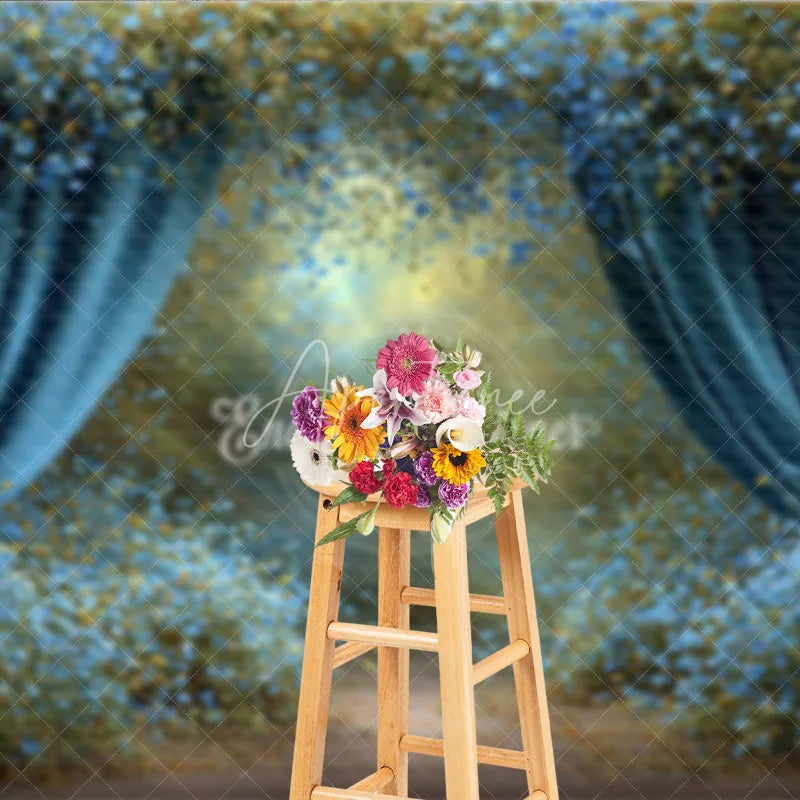Aperturee - Aperturee Enchanted Forest Backdrop Magical Blue Curtains Background Fairy Tale Garden with Blue Flowers Photo Prop