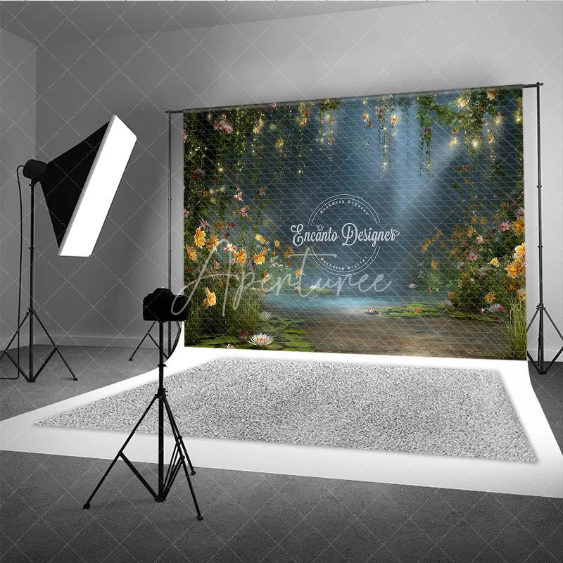 Aperturee - Aperturee Enchanted Forest Backdrop Magical Fairy Garden Background Water Lily Pond with String Lights Photo Props