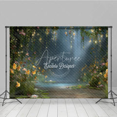 Aperturee - Aperturee Enchanted Forest Backdrop Magical Fairy Garden Background Water Lily Pond with String Lights Photo Props