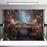 Aperturee - Aperturee Enchanted Forest Floral Bridge Photography Backdrop with Glowing Lanterns Dreamy Misty Path for Fairy Tale Portraits