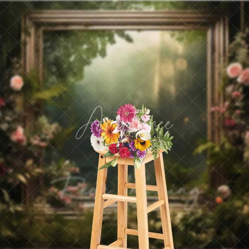 Aperturee - Aperturee Enchanted Forest Frame Photography Backdrop Green Nature Floral Mirror Photo Background Fairy Tale Jungle Photo Booth