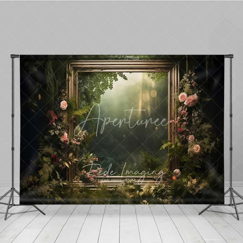 Aperturee - Aperturee Enchanted Forest Frame Photography Backdrop Green Nature Floral Mirror Photo Background Fairy Tale Jungle Photo Booth