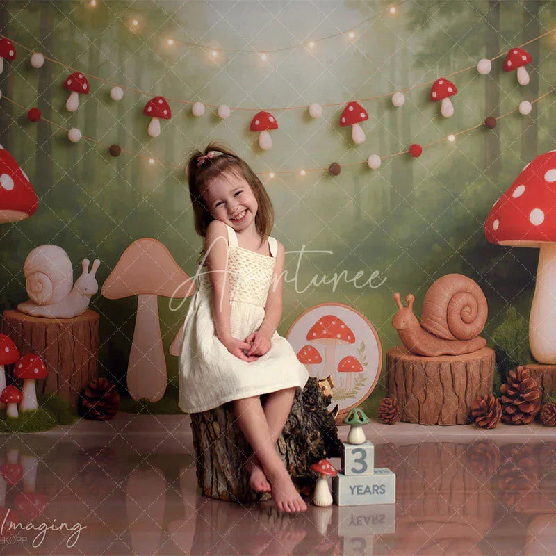 Aperturee - Aperturee Enchanted Forest Mushroom and Snail Sweep Backdrop Woodland Birthday Party Decor