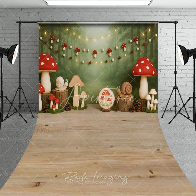 Aperturee - Aperturee Enchanted Forest Mushroom and Snail Sweep Backdrop Woodland Birthday Party Decor