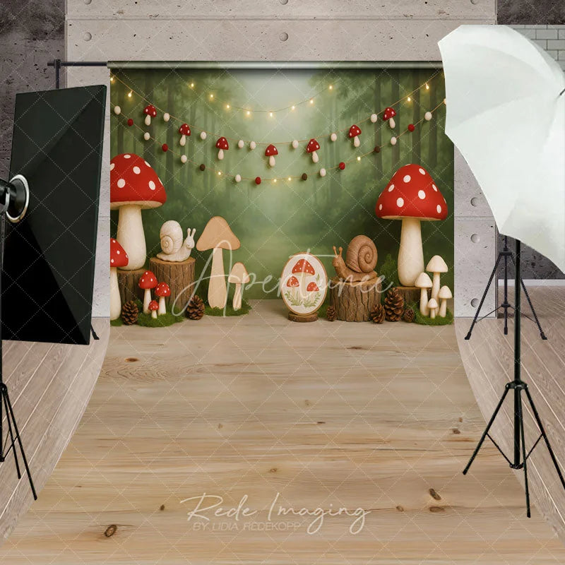 Aperturee - Aperturee Enchanted Forest Mushroom and Snail Sweep Backdrop Woodland Birthday Party Decor