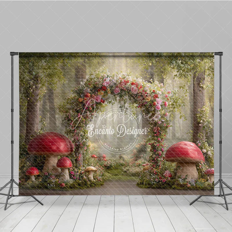 Aperturee - Aperturee Enchanted Forest Photography Backdrop Fairytale Floral Arch with Red Mushrooms Magical Woods Photo Background