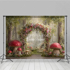 Aperturee - Aperturee Enchanted Forest Photography Backdrop Fairytale Floral Arch with Red Mushrooms Magical Woods Photo Background