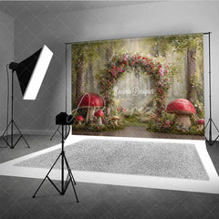 Aperturee - Aperturee Enchanted Forest Photography Backdrop Fairytale Floral Arch with Red Mushrooms Magical Woods Photo Background