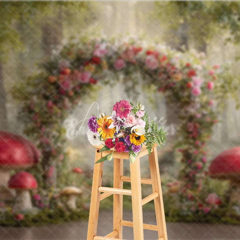Aperturee - Aperturee Enchanted Forest Photography Backdrop Fairytale Floral Arch with Red Mushrooms Magical Woods Photo Background