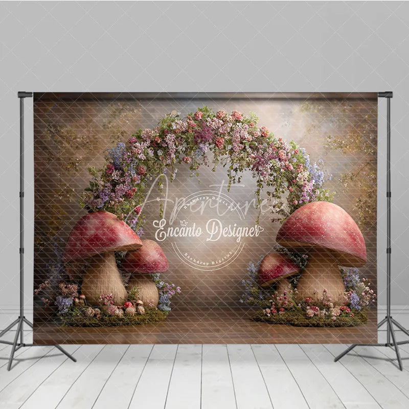 Aperturee - Aperturee Enchanted Forest Photography Backdrop Fairytale Mushroom Arch with Flowers Fine Art Painterly Background